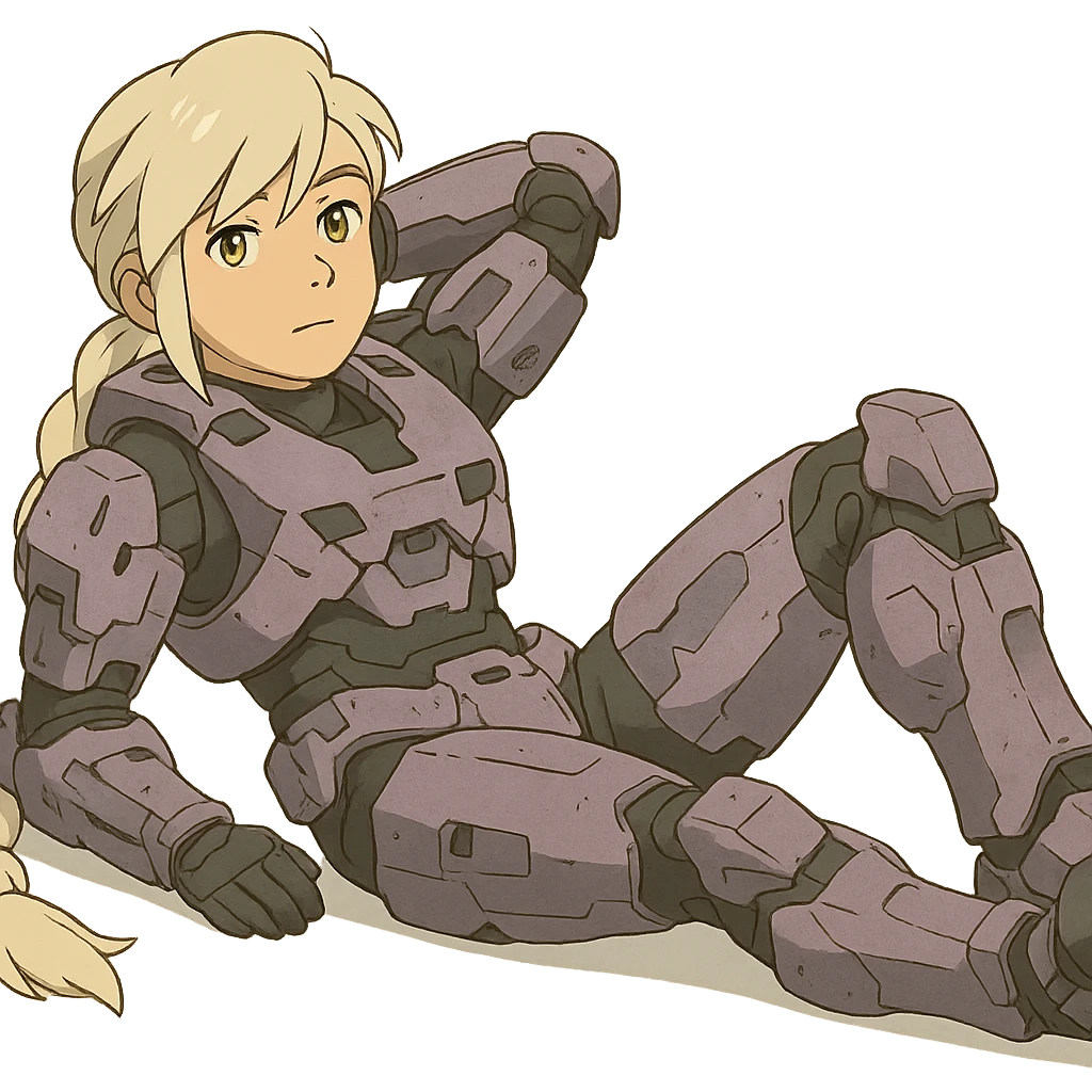 female, wearing reach spartan armor shoulder-unequip, long white braid hair with massive messy front side single bangs, gold yellow eyes, attention pose, HALO:series, no helmet, the armor is lavender color scheme, laying back and relaxing flat on the ground emoji