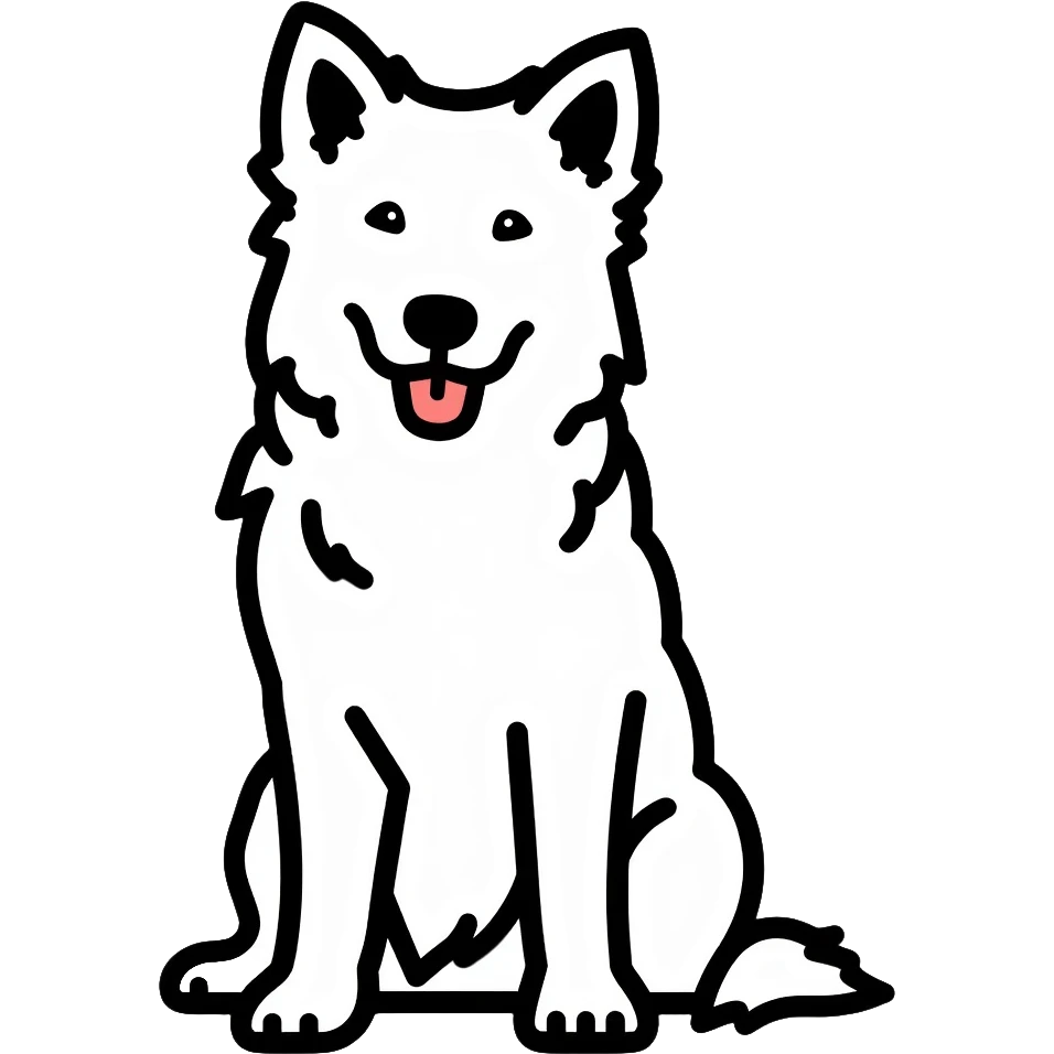 A pure white Border Collie dog sitting, with fluffy fur, alert pointed ears, and friendly expression emoji