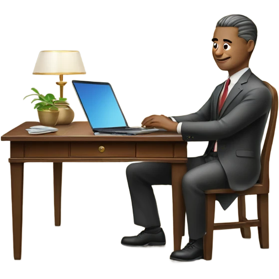 Rich man working setting on a chair and near the table with laptop he is Chinese  emoji