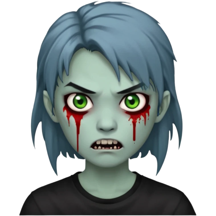 3D emoji-style avatar with very pale blue-grey zombie skin, dark brown hair, a young Asian face, and large green eyes with blood tears. Give it white litle bit messy mullet hair style , silver hoop earrings, and a plain black T-shirt. The face expression should be slightly angry, with vampire fang emoji