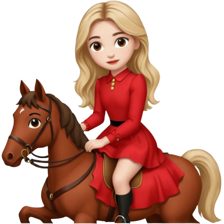 sabrina carpenter wearing red dress while riding a horse emoji
