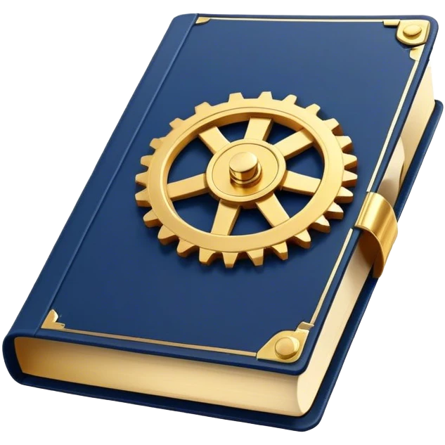 Un libro azul navy con detalles dorados, bordes metálicos y un gear dorado con una tabla ascendente como productividad en la portada, estrategia y éxito en movimiento (book of productivity) emoji