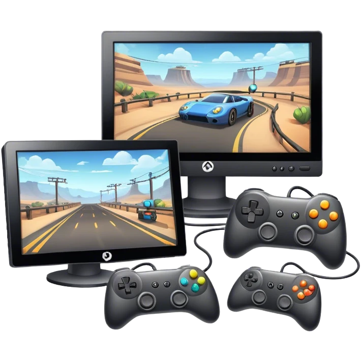 An icon showing two monitors with gaming interfaces, connected by a wire. Each monitor displays a different game screen, with two gamepads placed nearby, symbolizing multiplayer gameplay. transparent background. emoji
