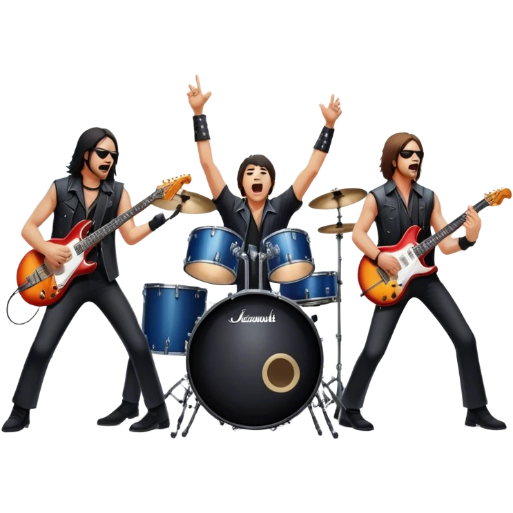 Icon for Heavy Metal Music: 4 men band on stage with electric guitars, drums and intense lighting. 3 guitarists and drummer, surrounded by energy and stage effects, capturing the power and intensity of a metal concert. Transparent background. emoji