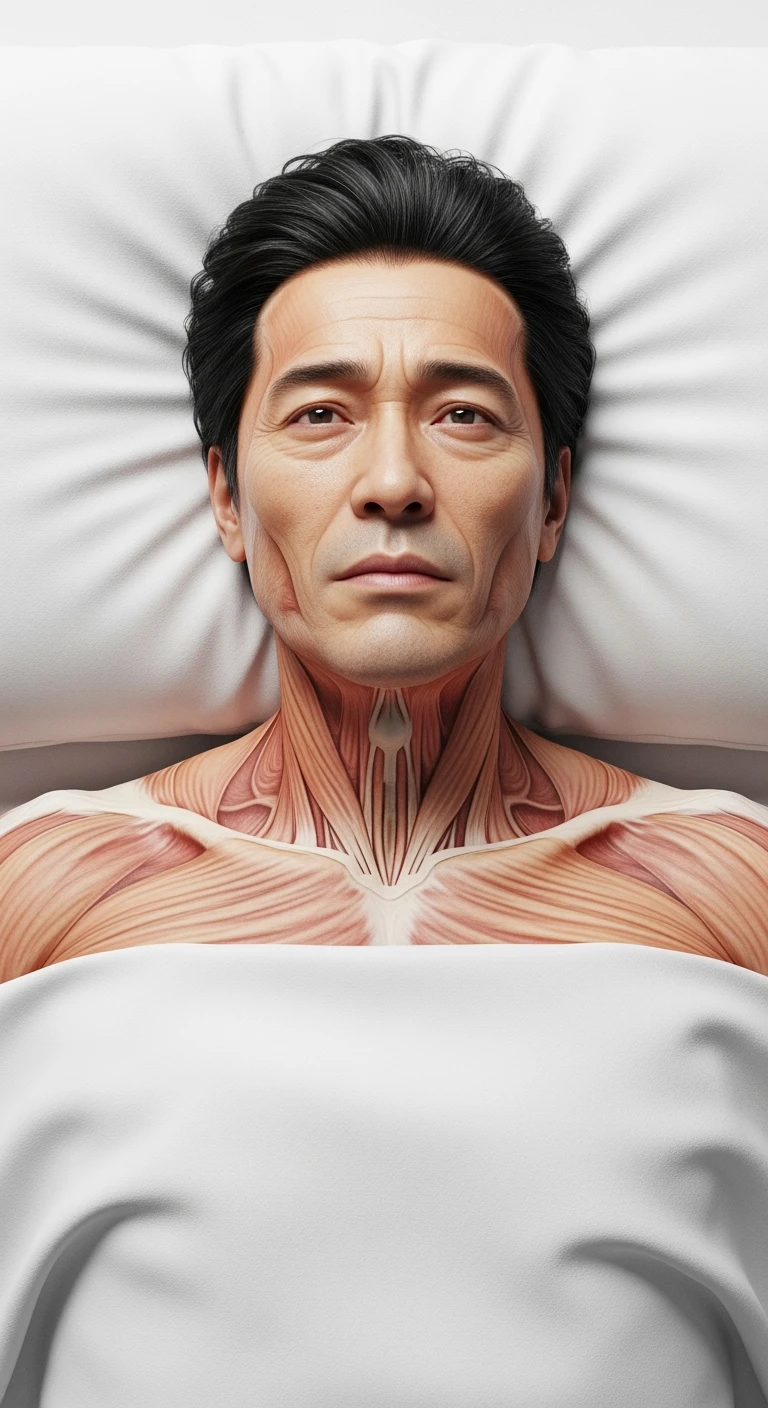 corpo umano anatomico realistico con la testa poggiata sul cuscino ma gli occhi aperti perché non riesce a dormire, visto dall'alto, sfondo bianco
IPERREALISTICO 4K emoji
