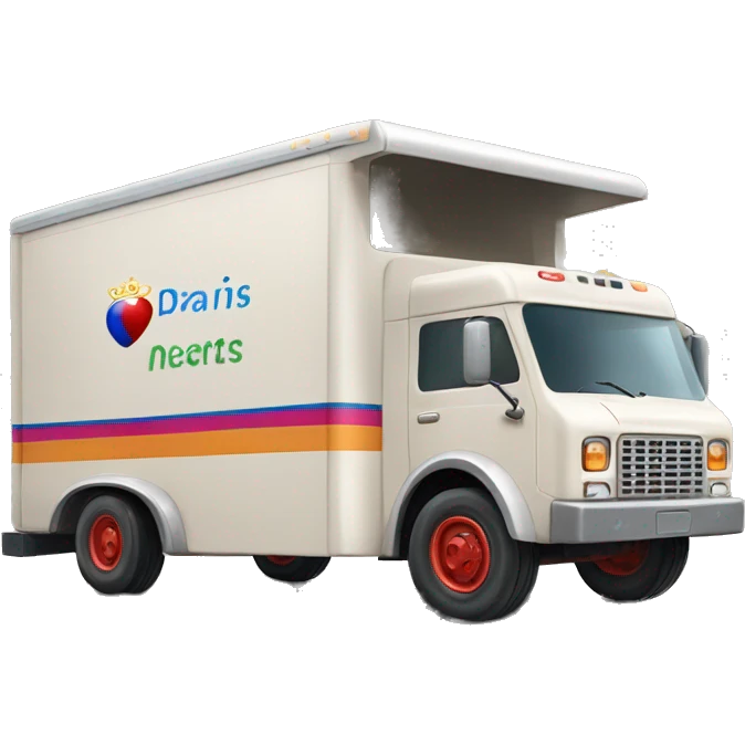 Side view of 1976 very long mail delivery truck shaped like Princess Laos emoji