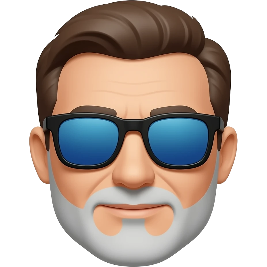 Hombre 63 años pelo marrón con canas gafas de sol cristales azules azules que no se vean  los ojos con montura negra y barba blanca muy corta emoji