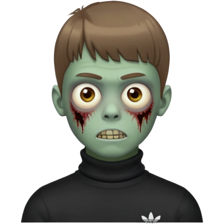 Crie um emoji de um menino com o cabelo castanho claro com uma franja reta e o corte low fade zumbi blusa de gola alta da adidas emoji