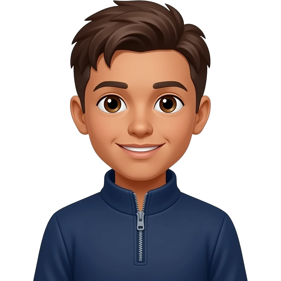 light brown 13 year old boy with a quarter zip navy emoji