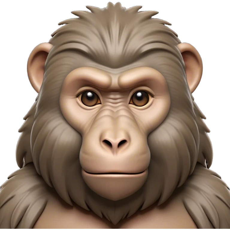 Cinematic Realistic Noble Baboon Portrait Emoji, Poised and commanding, with a robust, muscular build and a richly textured face marked by prominent brows, a powerful jawline, and deep, soulful eyes rendered in natural earthy tones, high shine, intelligent and bold, styled with an air of wild majesty, focused and attentive, soft glowing outline, capturing the essence of a watchful and confident baboon that exudes raw, regal power! emoji