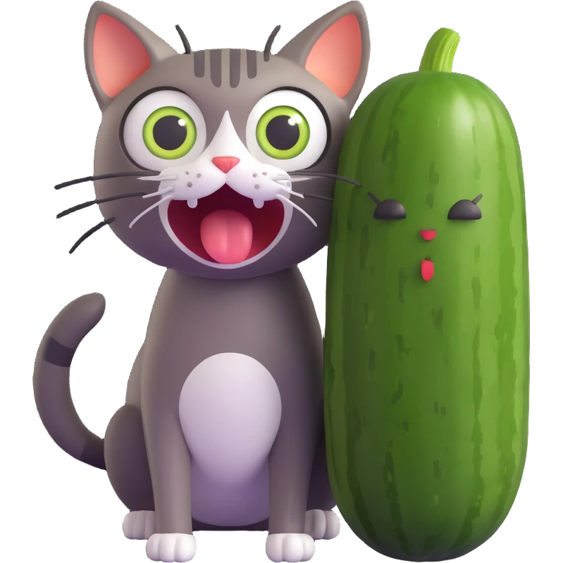 a scared cat with a cucumber next to it emoji