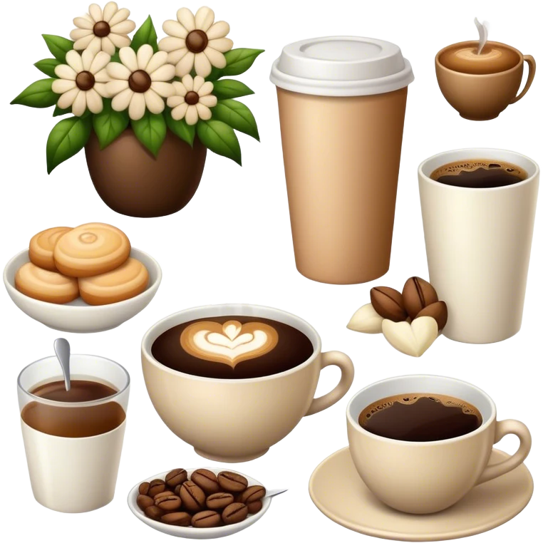 Beige set of coffee, flowers, food emoji