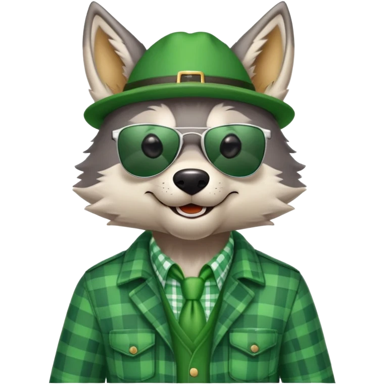 friendly anthropomorphised wolf in green plaid shirt and green attire for St. Patrick's Day, wearing dark sunglasses, festive pose emoji