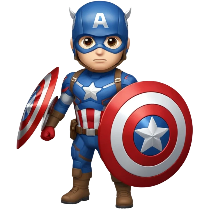 Highly detailed, hyper-realistic emoji of Captain America. He wears his iconic blue suit with a white star on his chest, a red-and-white striped torso, and an ‘A’ helmet. He holds his circular red, white, and blue shield. Minimalist background for focus. emoji