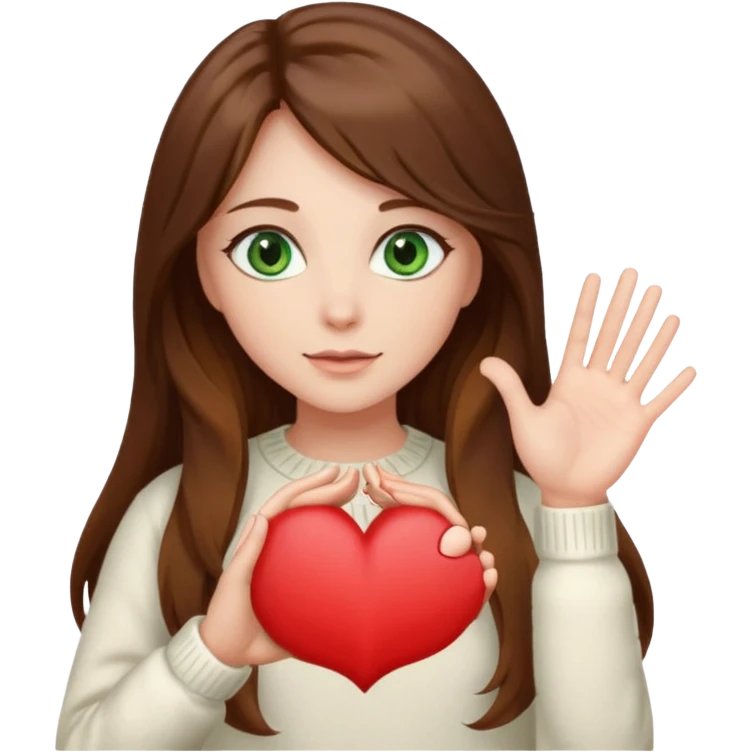 Girl green eyes brown long hair white warm sweater doing hands heart emoji