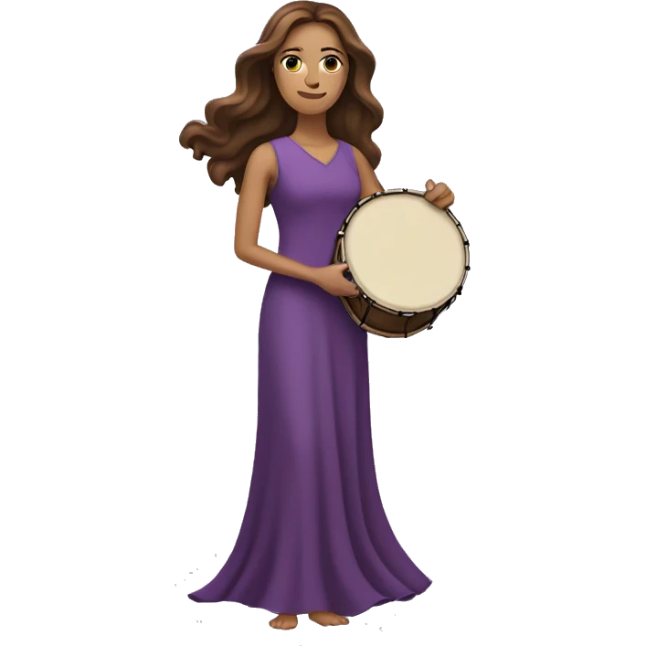 White woman standing with long flowing purple dress and long wavy brown hair holding a small frame drum emoji