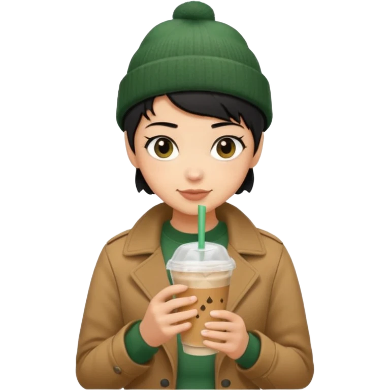 tan skin, non binary person with pixie cut black hair, wearing brown jacket and dark green beanie, shy smile , holding single iced coffee  emoji