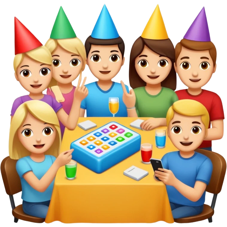 Party quiz with happy people no phone writing blocks empty eyes emoji