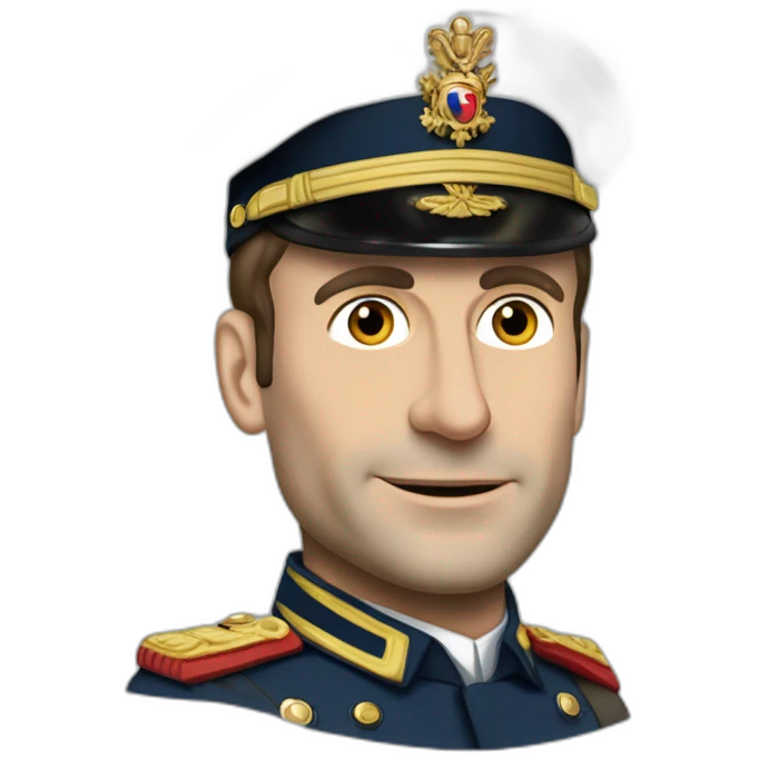 Emmanuel Macron dictateur en tenue militaire avec un aire sérieux emoji