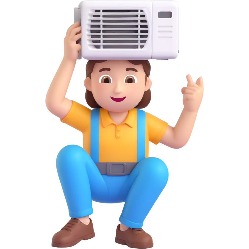 air conditioning technician fixing AC unit, cheerful expression, 3D emoji style emoji