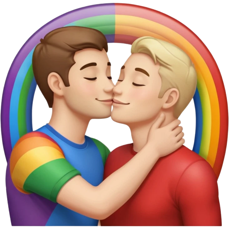 make 2 seductive men kissing and holding flying on a rainbow emoji