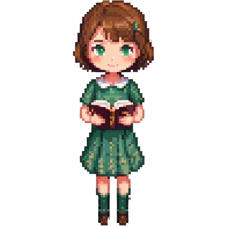 chibi-style pixel art girl, short brown hair, big sparkling eyes, small friendly smile, wearing green dress, holding book, standing facing forward, bright colorful, softly shaded emoji
