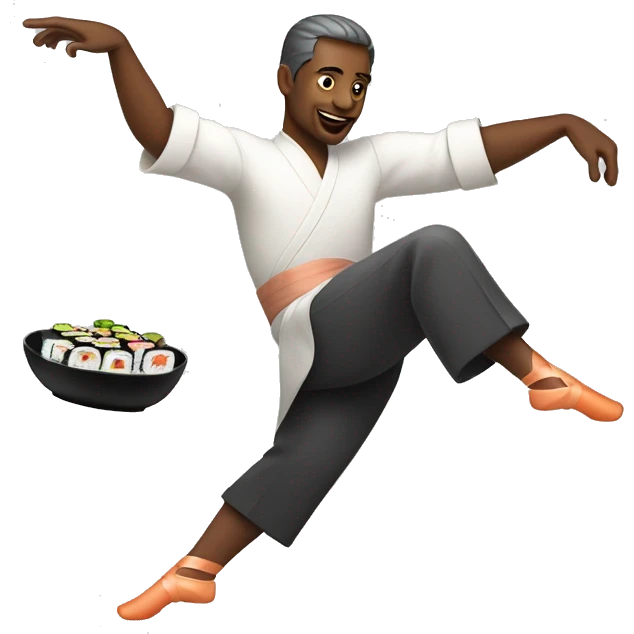 man dancing with pointe shoes and sushi platter in his hands  emoji