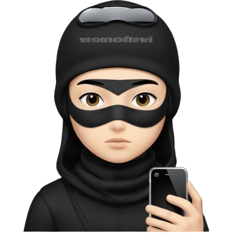 Junge mit Sturmhaube handy in der hand komplett schwarzes outfit und augenbraun gut emoji