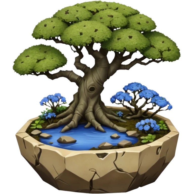 Alien landscape mudman very old broken cracked intricate Stone Age rocky-crusted irregular dodecagon-shaped shallow dark moss rough bark blue willow flowered maple tree bonsai pot emoji