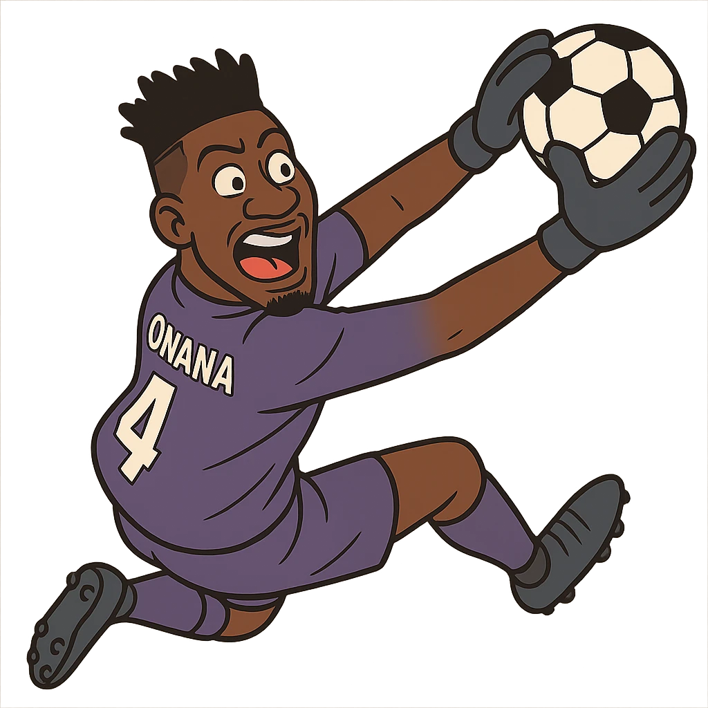 André Onana, cartoon style, in action saving a ball, goalkeeper uniform, energetic expression emoji