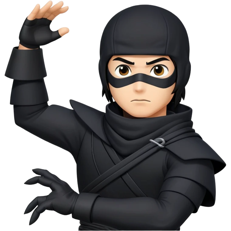 clash-of-clans-aesthetic_-cinematic-mysterious-male-ninja-portrait-emoji, rendered in a flat, vector-style with minimal shading and bold, simplified shapes, with a head slightly turned revealing intense, focused eyes. the ninja has his arm out and perched on top of his forearm is  a  giant black crow emoji