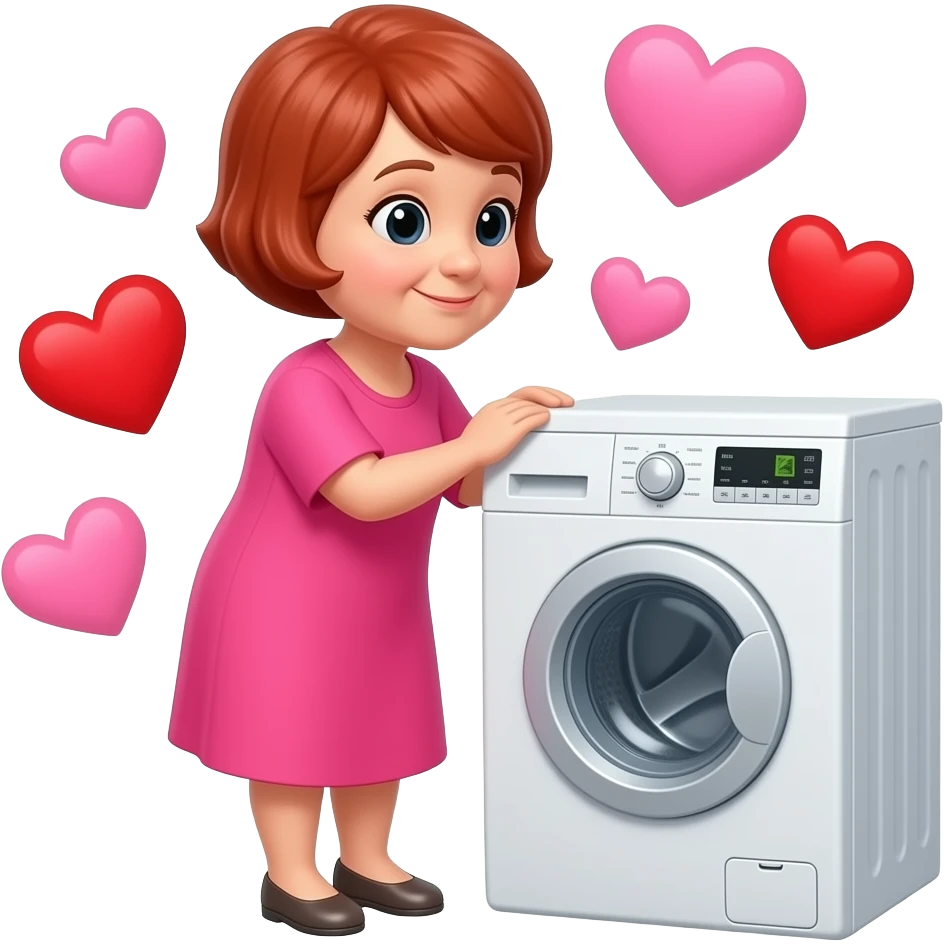 elderly small woman.razor cut very short red hair.wearing bright loose fitting dress in love with her new washing machine surrounded by pink and red love hearts emoji