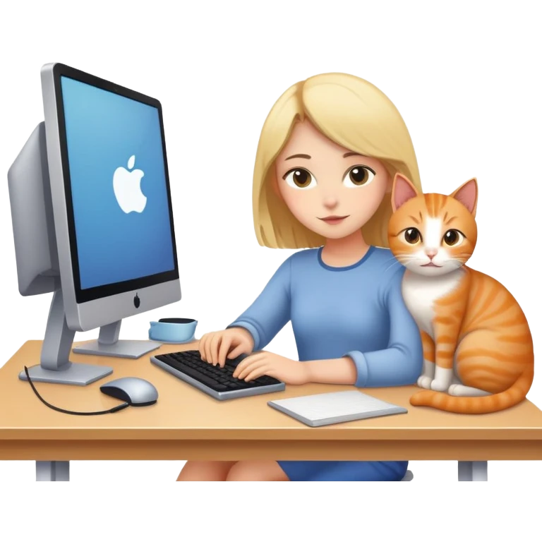 a girl working in front of a computer with a cat lying next to the computer emoji