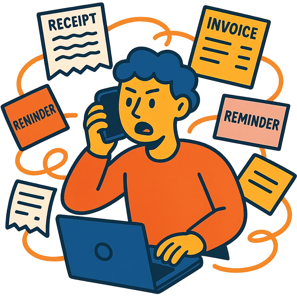 person holding a phone in one hand, laptop open in front, storm of receipts, invoices, and reminders swirling around, multitasking chaos emoji