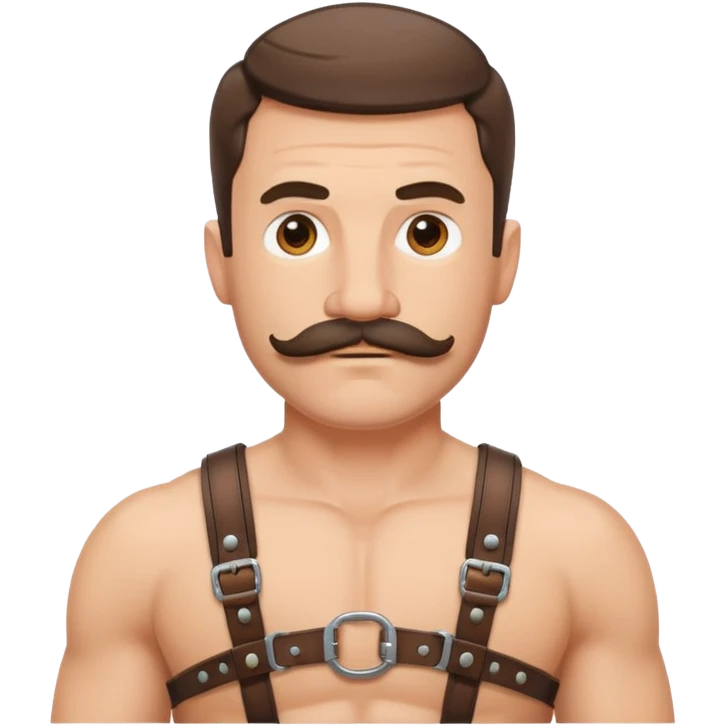 Guy with abs and leather harness with a mustache and  emoji
