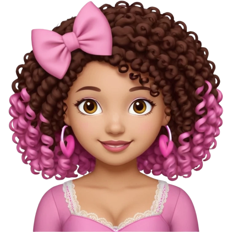 medium-light kinned afro-latina girl with medium length chocolate brown side part curly hair, brown eyes, pink sweetheart necklined top with lace, round wide-ish nose, chubby long shaped face, pink hair bow emoji