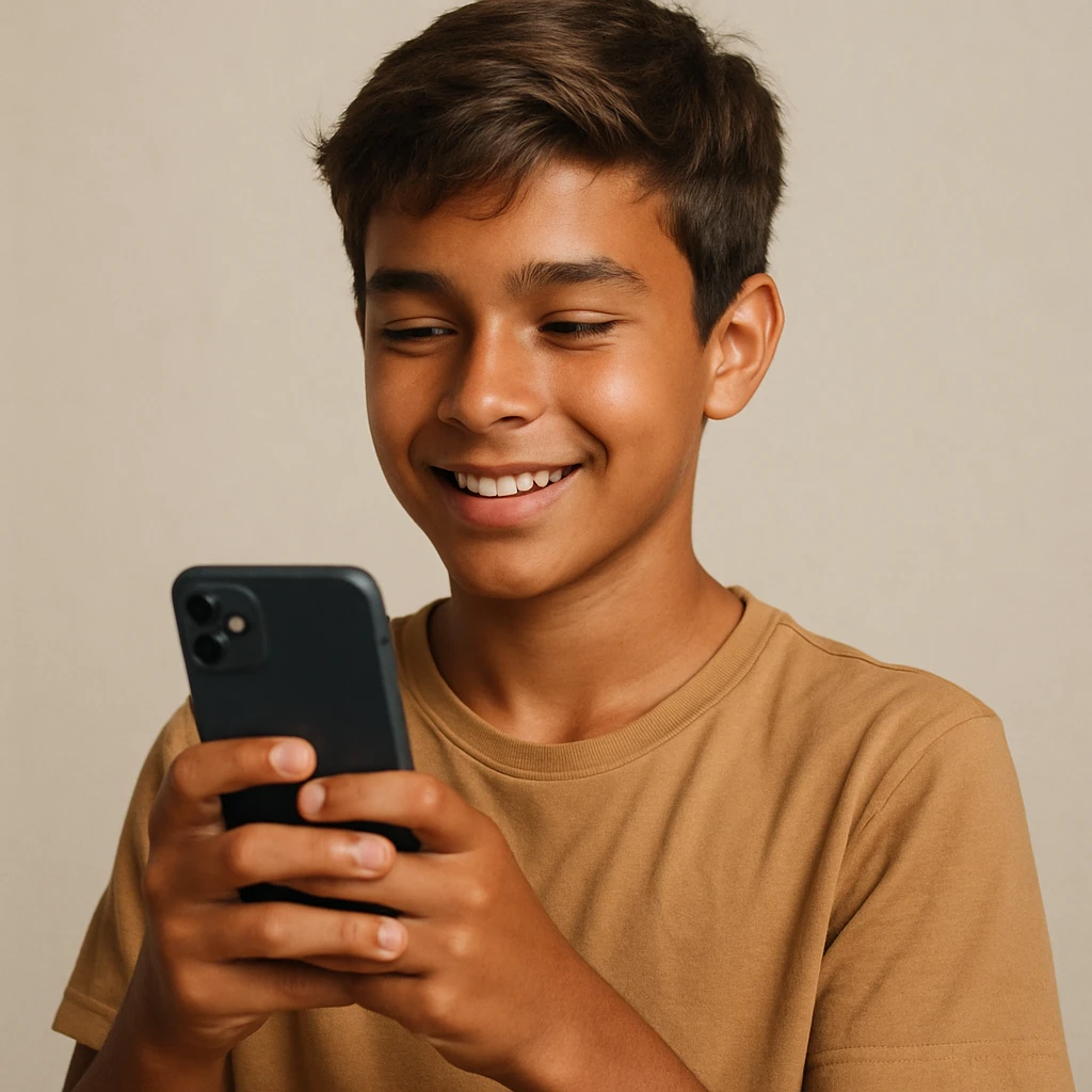 a tan boy with light brown hair holding a phone, style 4 emoji