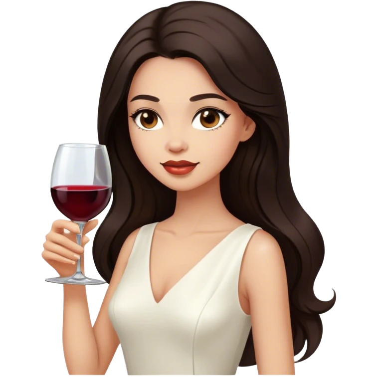 Beautiful woman in 1965’s woman fashion look, white dress, long dark brown hair, wine, emoji