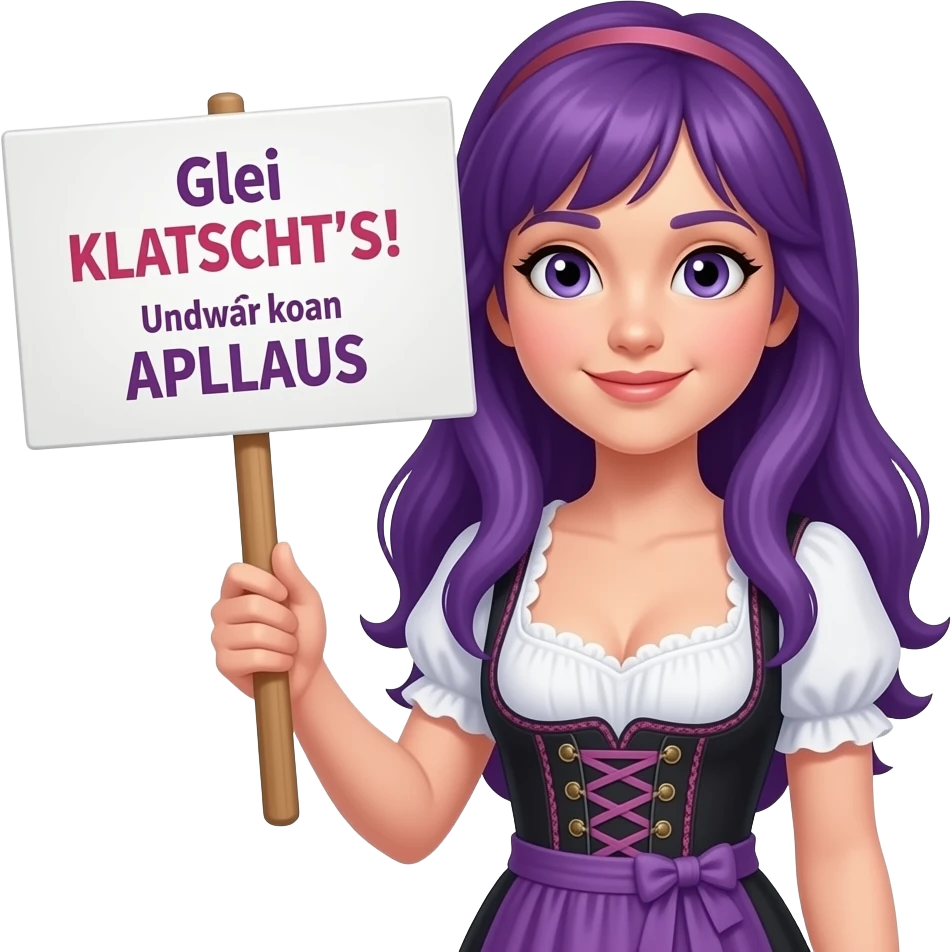 girl with long purple hair wearing a dirndl holding a Glei KLATSCHT'S! Und zwar koan APLLAUS sign emoji