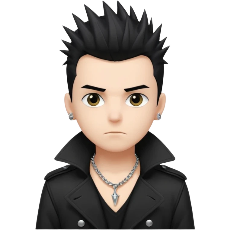 a punk boy with spiky black hair wearing a black a dark trench coat and a chain necklace emoji