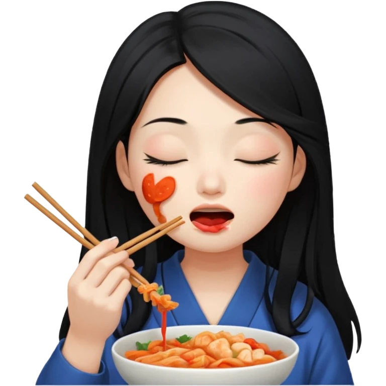 Girl with black long hair eat kimchi close eyes chopstick emoji
