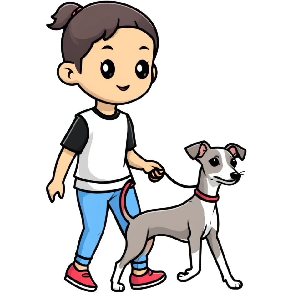 Asian girl walking an all grey Italian greyhound emoji