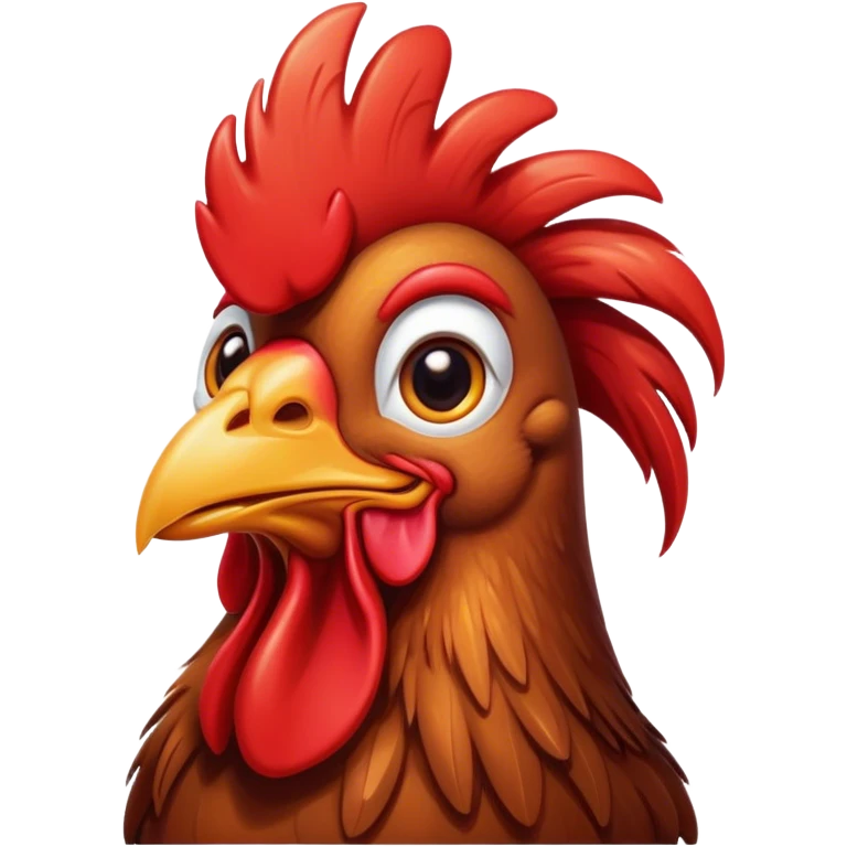 Cinematic Cute Brown Rooster Portrait Emoji, Head tilted playfully and inquisitively, featuring a glossy, immaculate brown plumage with a vibrant red comb, round, sparkling warm eyes filled with curiosity, Simplified yet irresistibly adorable features, highly detailed, glowing with a warm, friendly glow, high shine, affectionate and spirited, stylized with a touch of farmyard whimsy, bright and endearing, soft glowing outline, capturing the essence of a mischievous yet loving rooster, so playful it feels like it could strut out of the screen and into your arms! emoji