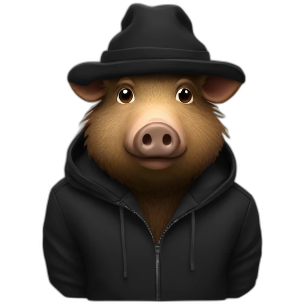 Really sad brown boar in a black winter hat and black jacket emoji