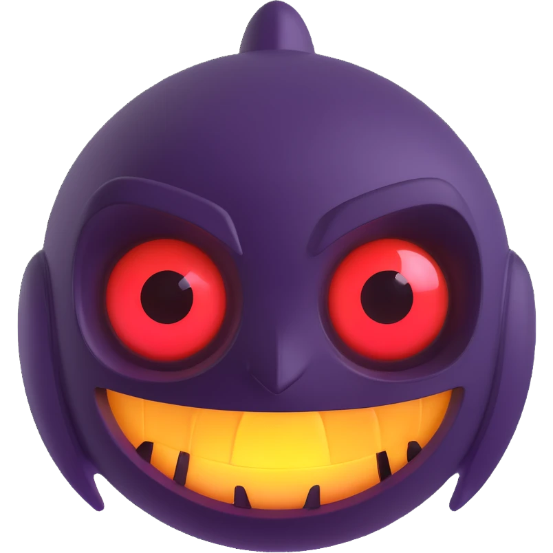 Make this scary futuristic 3D emoji even scarier by adding sharper teeth, more intense glowing eyes, and a more menacing expression. Remove the background. emoji