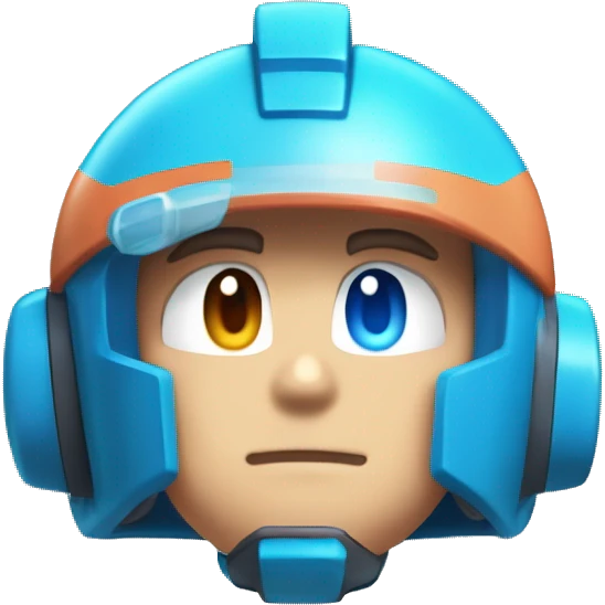 Mega Man with Blue eyes, peach skin on his face, Blue Helmet with a Cyan Stripe, Cyan ears, Cyan Body. emoji