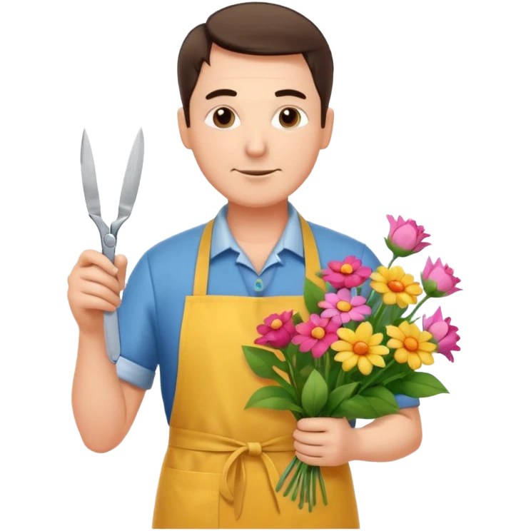 Middle-aged male florist – apron on, trimming stems with scissors emoji