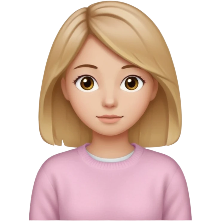 Crea una chica güerita con pelo café claro y raíces güeras, ojos rasgados cafés oscuros, suéter o camisa rosa claro emoji