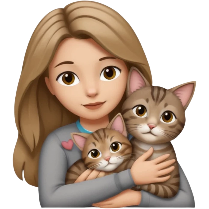 Une femme avec les cheveux dégradée, brun et blond, qui fait un câlin à son chat gris, tigré avec les extrémités que pattes pointe d’oreilles noires et le dessous du menton blanc  emoji