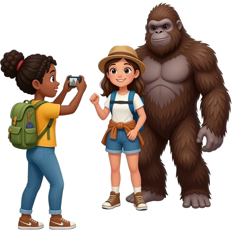 A black girl taking a photo of a spanish girl  standing next to Bigfoot for a picture in the forest while hiking emoji